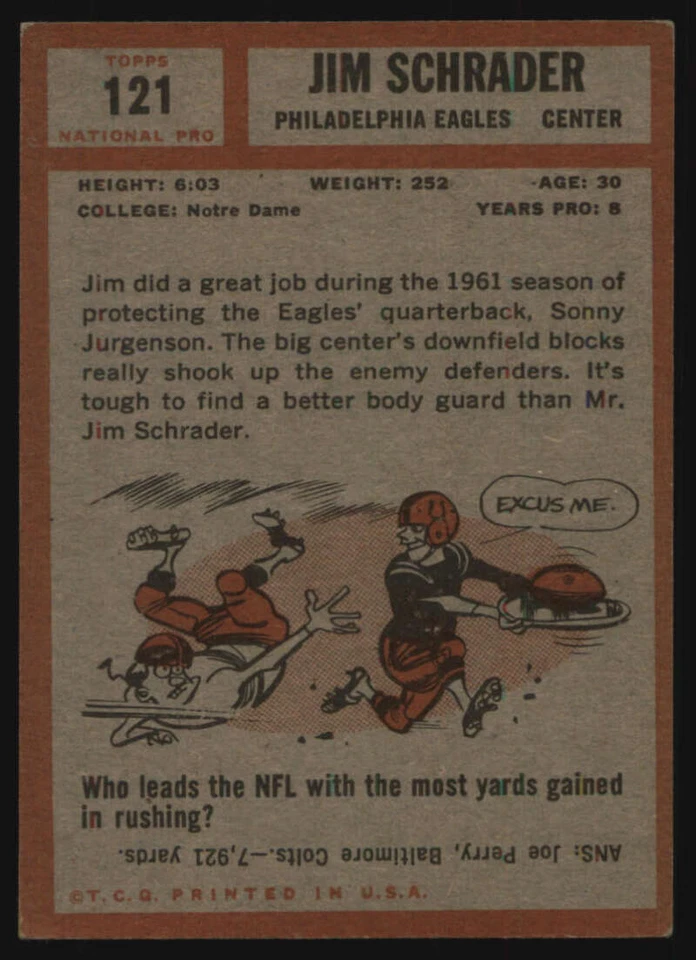1962 Topps #121 Jim Schrader EX/EX+ SP Eagles 572197 - Image 2 of 2