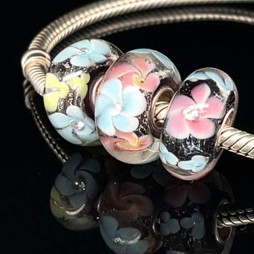 Blau & Rosa Blume Murano Glas Bettelarmband Perlen 3er Set - 925 Silber - Bild 3 von 3
