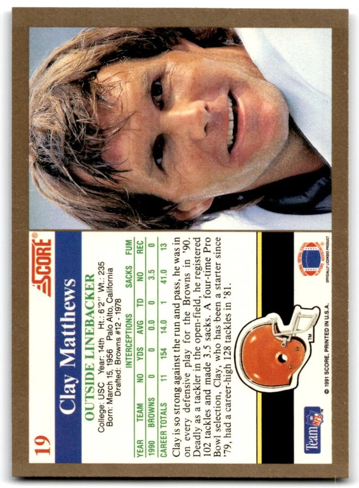 1991 Score Clay Matthews Cleveland Browns #19 - Image 2 of 2