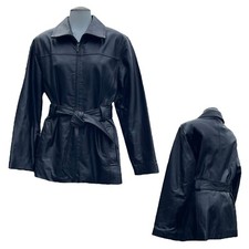 Vintage 90s Charles Klein Womens S Leather Jacket Belted Trench Coat Black