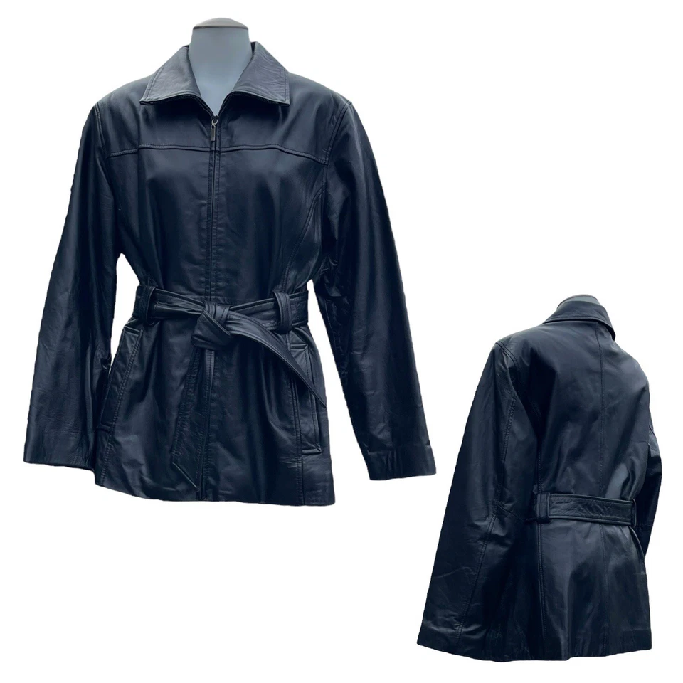 Chaqueta de cuero vintage años 90 CHARLES KLEIN para mujer S gabardina con cinturón NEGRA