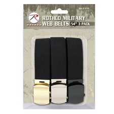 54" Black Army Web Belt 3 Pack - Includes Black Chrome  Gold Buckles Tips