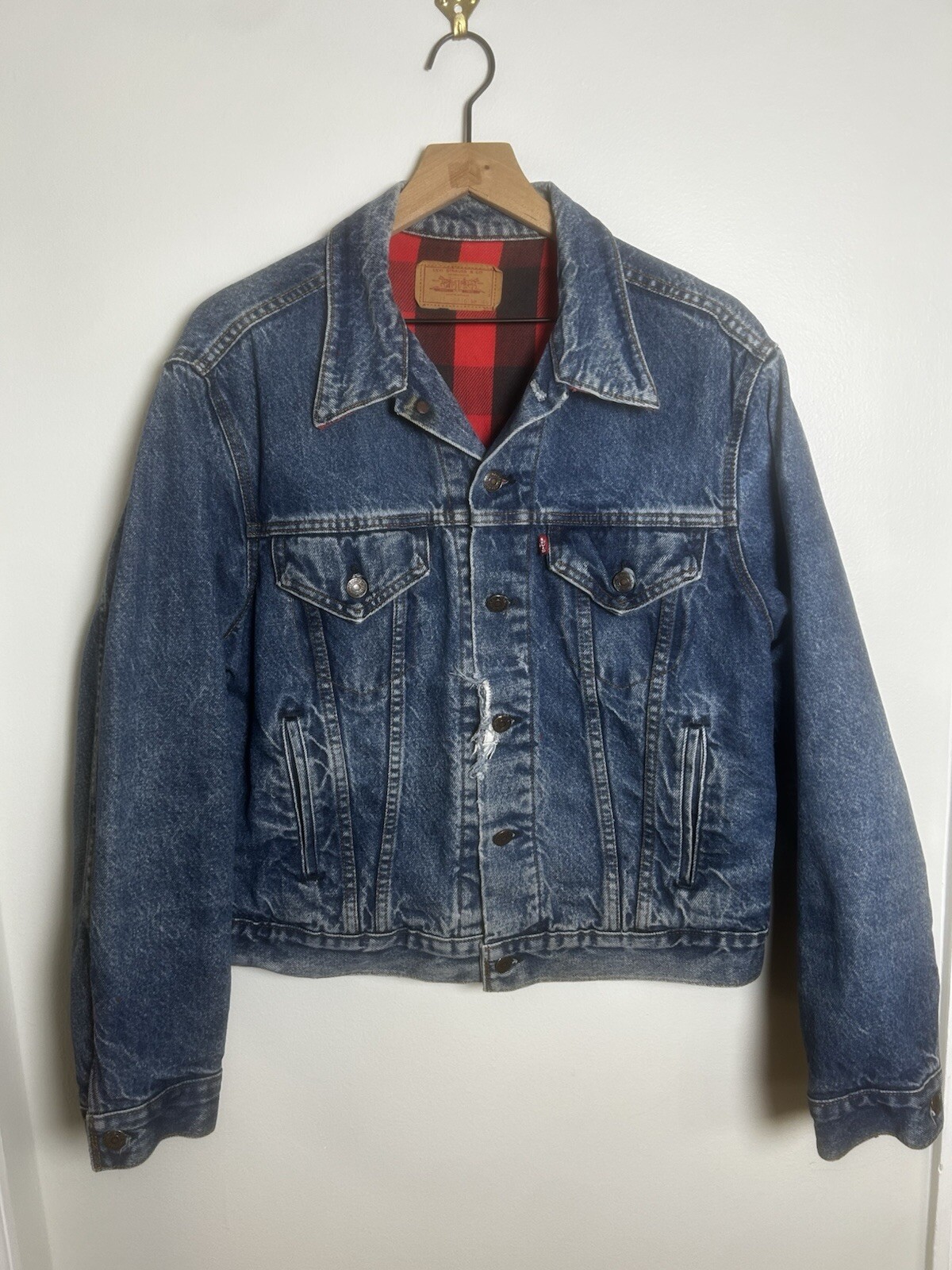 Vintage Levi’s Denim Jacket Flannel Lined Buffalo Plaid 71411 0816 USA VTG 21x24