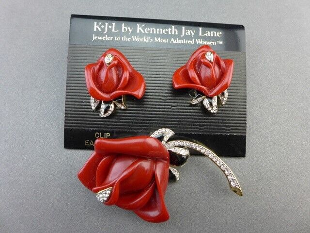 RARE Kenneth Jay Lane KJL ICONIC Red Rose Art Deco Crystal