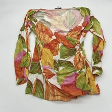 CAbi Women Size M Faux Wrap Tulip 3/4 Sleeve Ruche Top Floral Spring Style 579