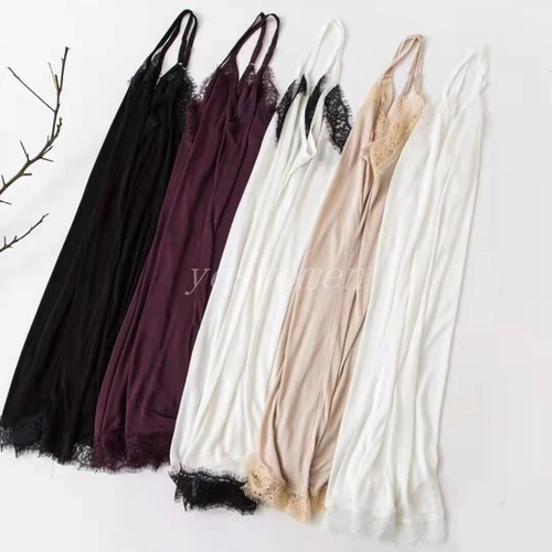 Women Mulberry Silk Loose Nighty Petticoat V-Neck Lace Silk Full Slip Nightdress - Picture 8 of 17