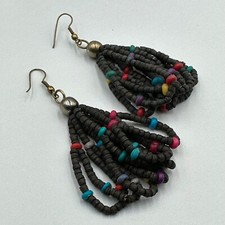 Wooden Beaded Earrings Black Pierced Dangle Loops Boho Statement 3 Inch