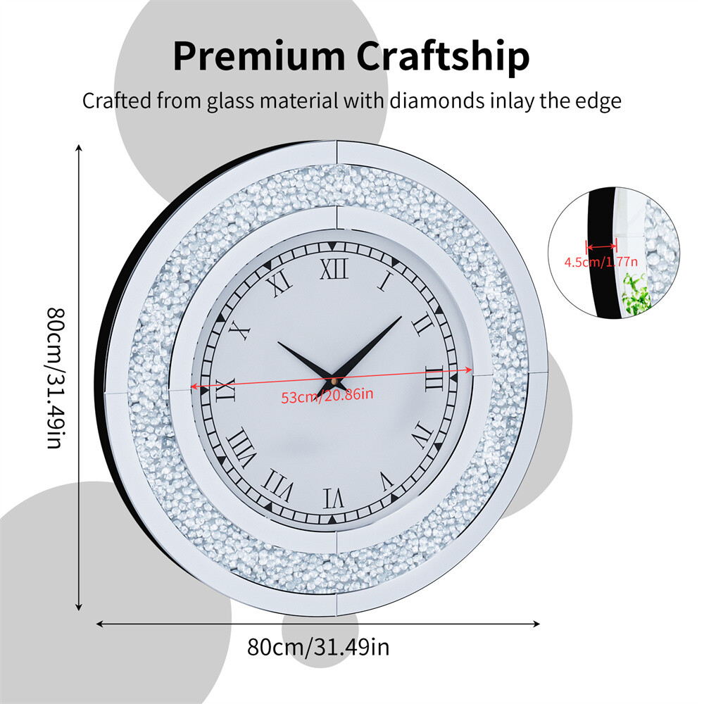 32" Large Wall Clock Retro Crushed Diamond Mirrored Clocks for Living Room Decor