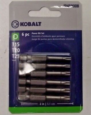 Kobalt 0459008 6 Pack Torx 2'' Power Screw Tip Bits T15 T20 T25