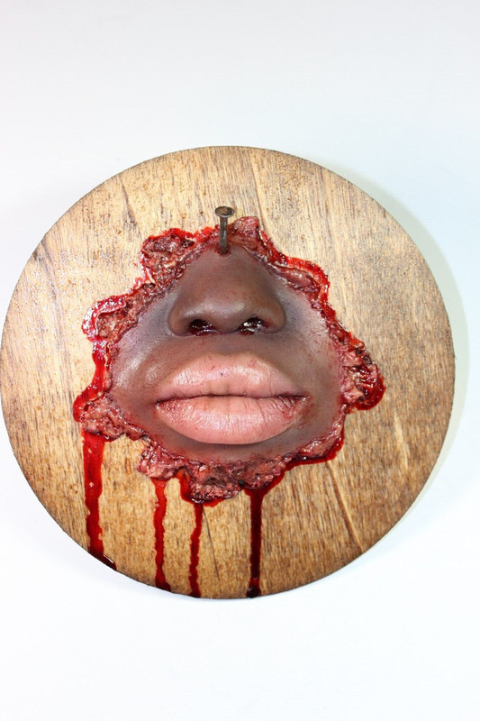 PARTIAL LOWER FACE ON WOODEN PLAQUE HORROR HALLOWEEN PROP