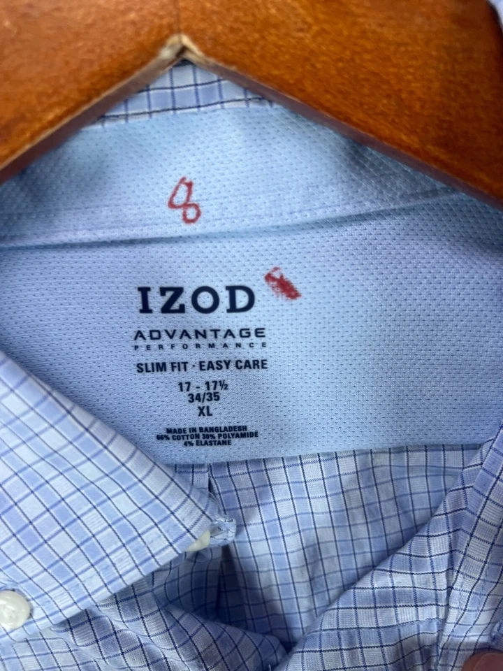 IZOD Shirt Mens 34 XL Blue Button Down Shirt Long Sleeve 17.5 Slim Performance - Image 4 of 4