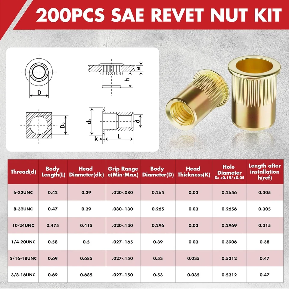 Kit de tuercas de remache Arrow 200 piezas surtido de tuercas de remache roscadas tuerca SAE cabeza plana Foto 3 de 4
