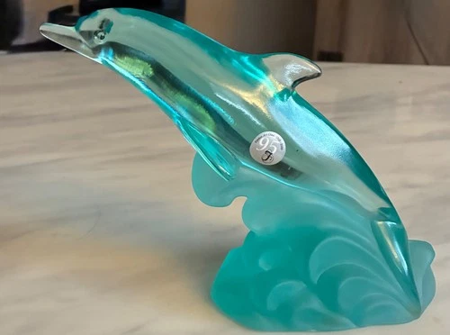 Vintage Fenton Art Glass Dolphin On Frosted Wave Turquoise Aqua Blue 9” Figurine