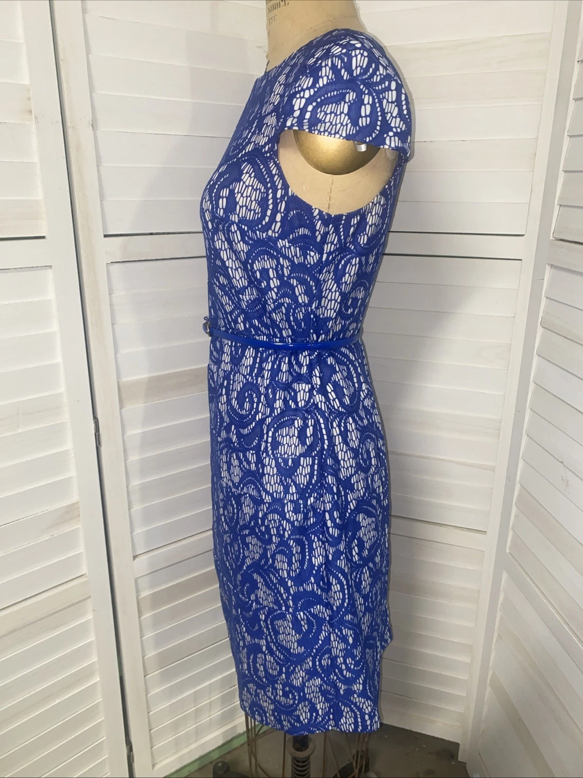 ALYX Vestito Donna S S Blu Pizzo Over Bianco Vestibilità N Svasato Linea A Vestito Cintura Tg 8