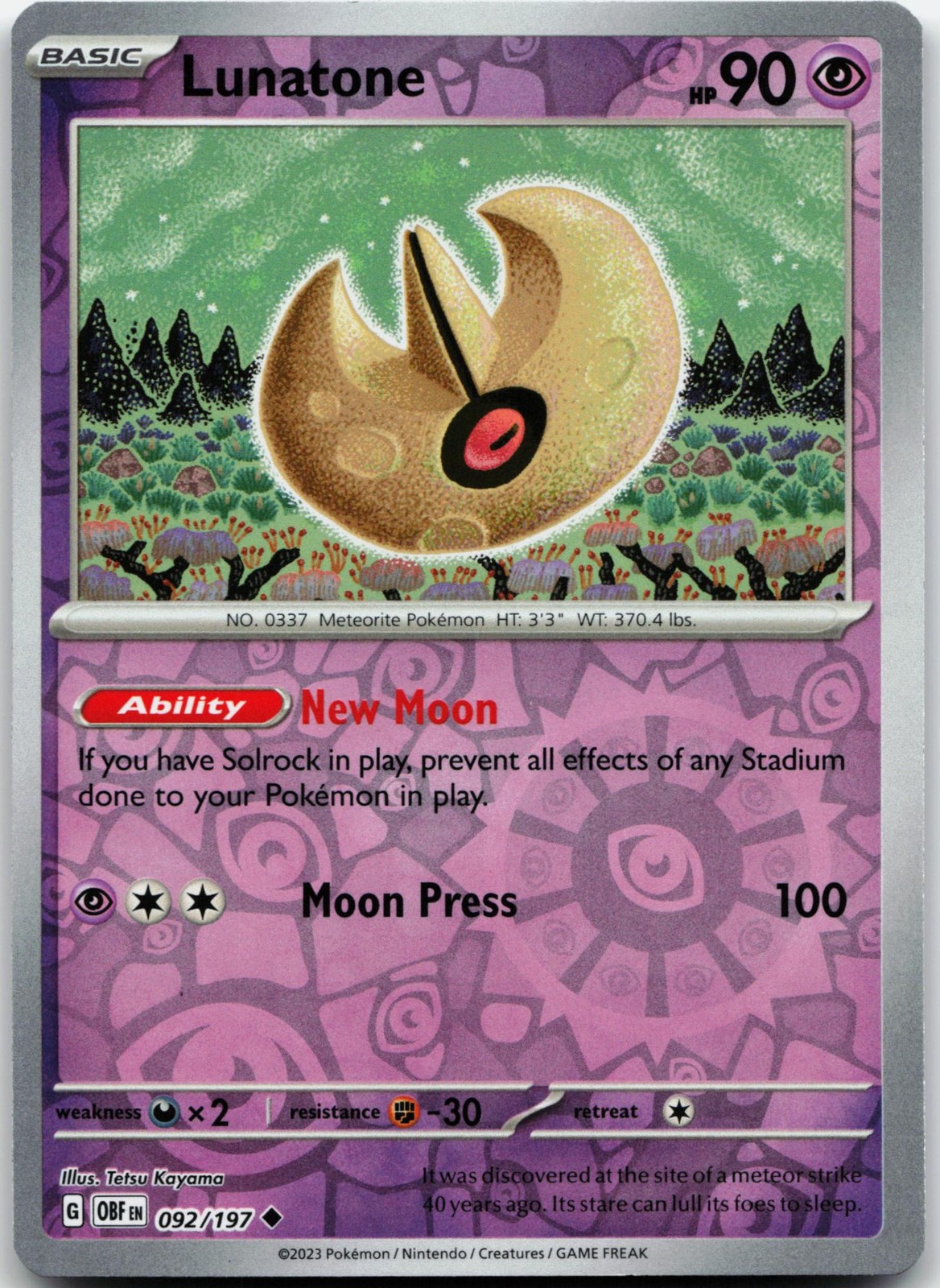 LUNATONE 092/197 UNCOMMON OBSIDIAN FLAMES POKEMON REVERSE HOLO NM