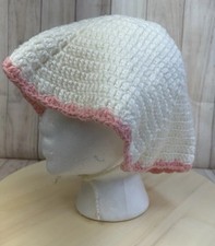 Vintage Handmade Crochet Baby Bonnet Ivory With Pink Trim Cottagecore Baby Hat