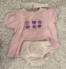 Vintage 6/9 Month Set Outfit Floral Headband Diaper Cover Pink Floral Embroidery