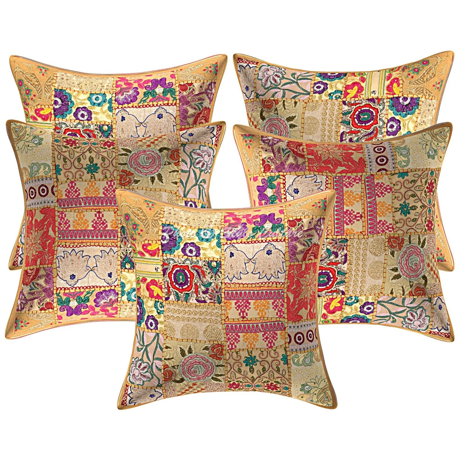 Indian Vintage Patchwork Throw Pillow Covers Cotton Khaki 18x18 Boho Home Decor