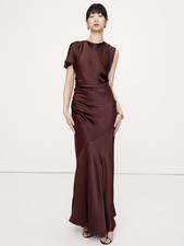 Women's Asymmetrical Hammered Satin Draped Maxi Dress