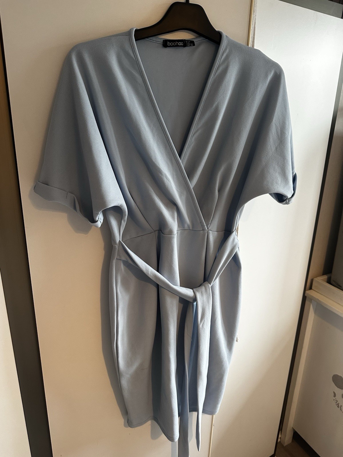Boohoo Blue Wrap Dress UK 10 V-Neck Short Sleeve Tie Belted Short 3