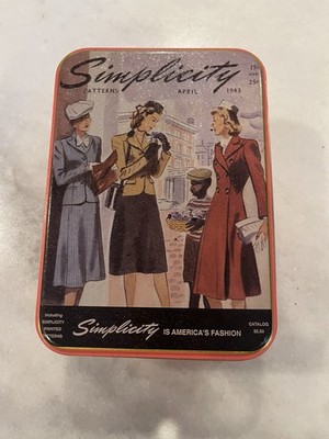 Vintage Simplicity Patterns Tin Box April  Gold Metal Storage Case