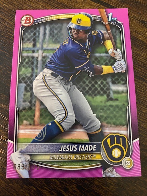 Jesus Made - 2025 Bowman 1st Pink Border Paper 89/175 Brewers #BP-66