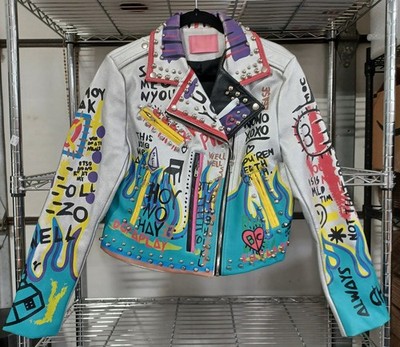 Azalea Wang Phoenix Silver Punk Jacket Studded Graffiti Painted Cropped - Large