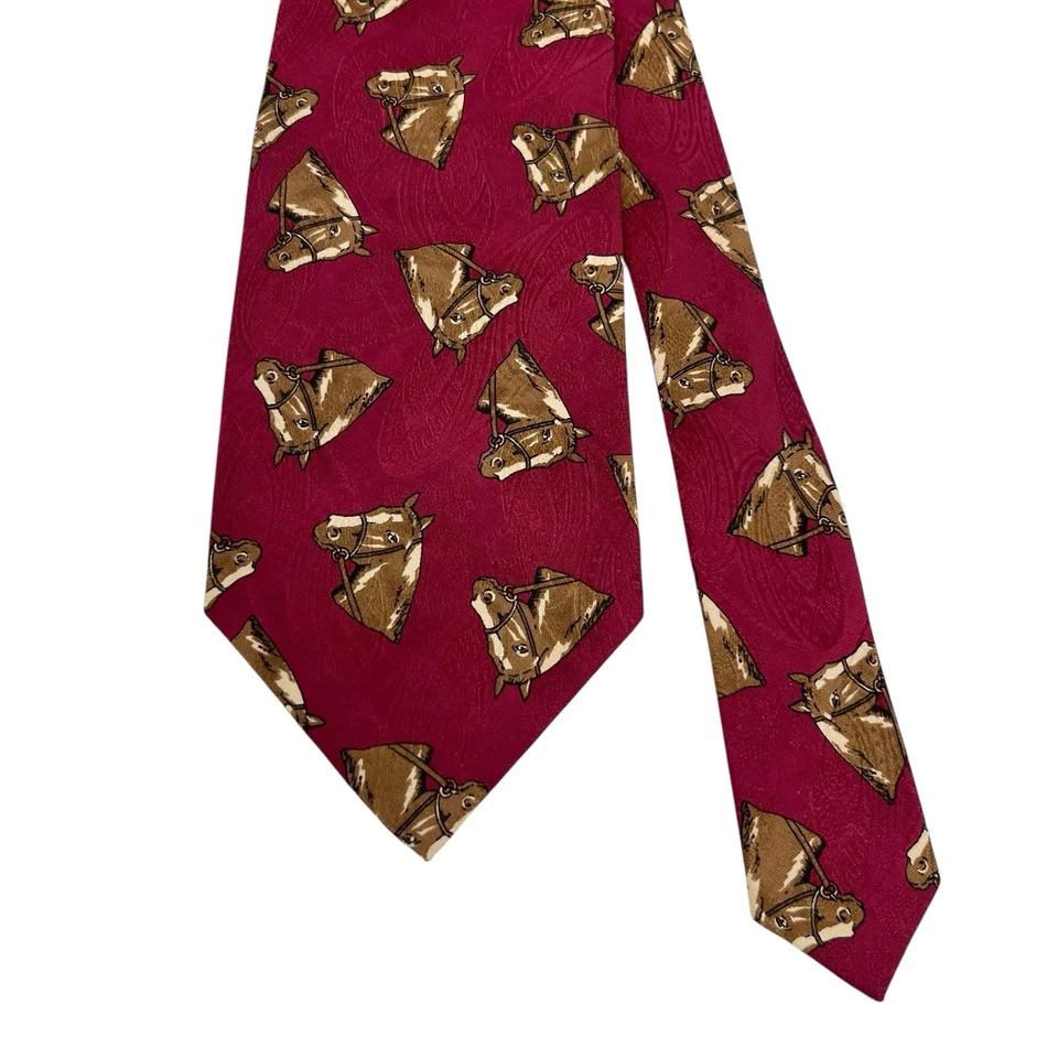 Polo Ralph Lauren мужской винтажный галстук конная лошадь головы красный шелк США 3 5/8 «x 57» - Изображение 2 из 4
