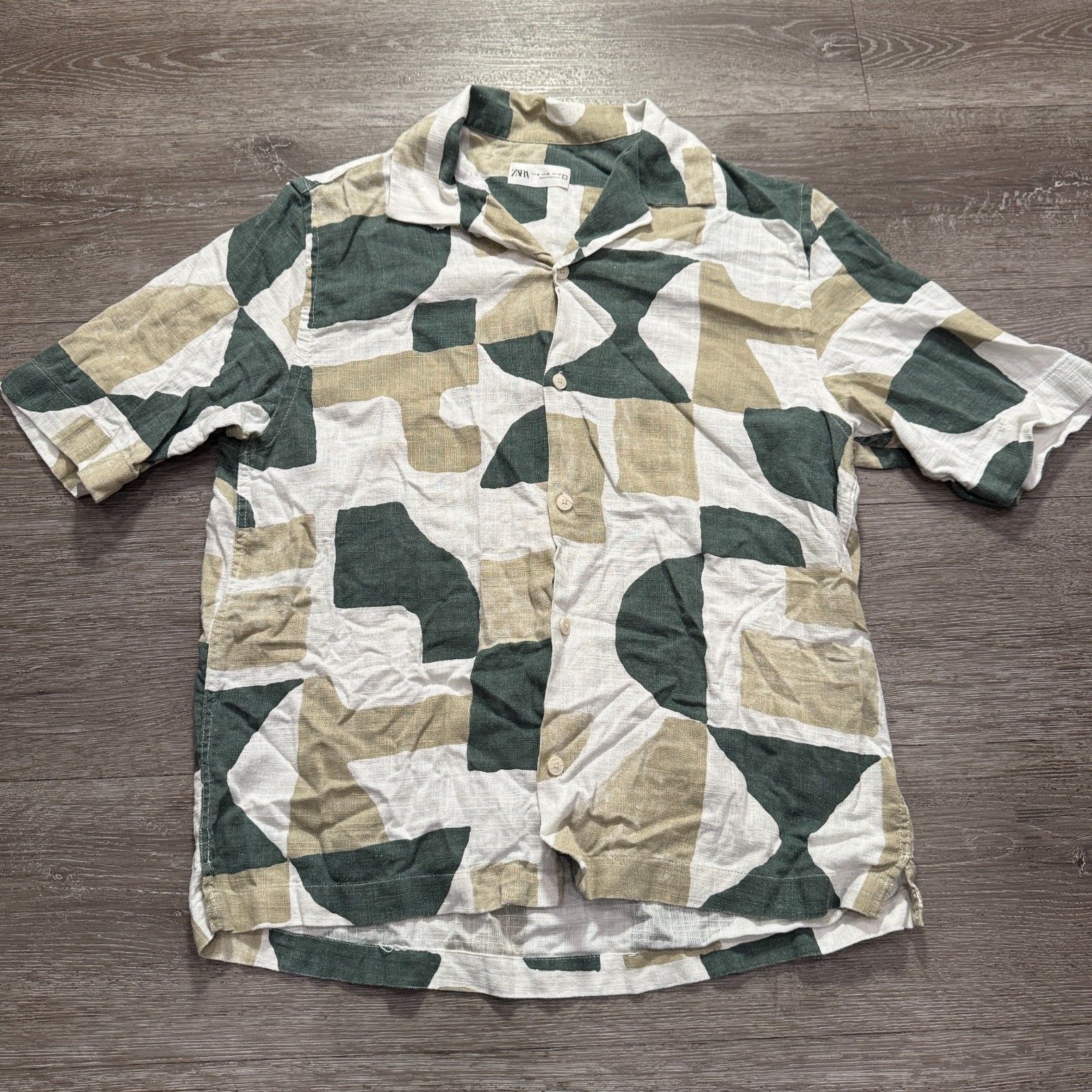 Zara Shirt Mens Medium Geometric Linen Blend Camp Open Collar Short Sleeve Adult