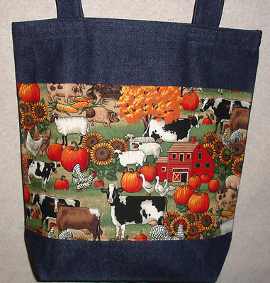 NEW Handmade Large Summer Farm Country Sunflowers Cows Denim Tote Bag