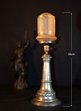 antique 19th C Vintage Victorian hammered Pewter table lamp satin frosted shade