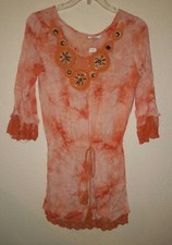 STYLE WOMENS Medium TIE DYE BOHO STYLE TUNIC DRESS ORANGE CUTE LACE METALLIC