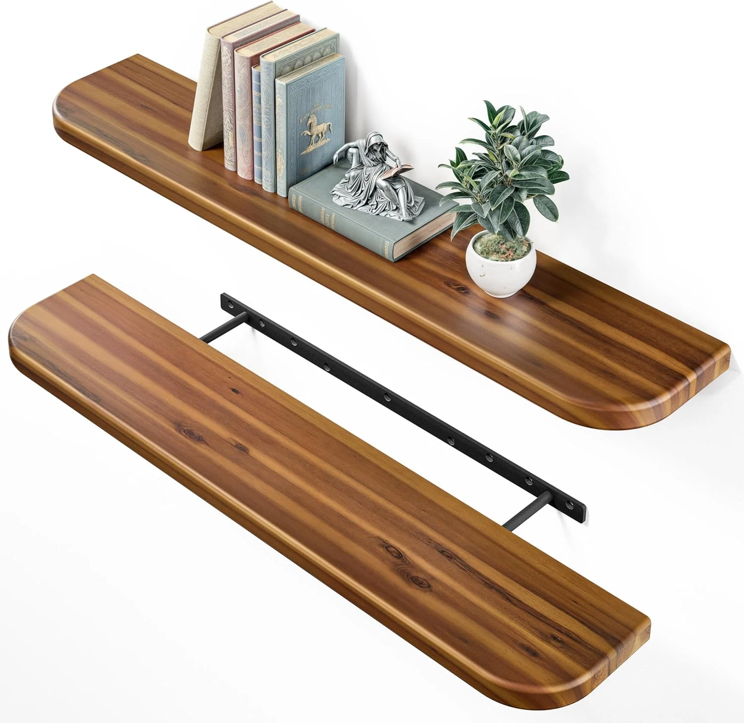 Set of 2 Floating Acacia Shelves - Walnut Wall Storage for Home Decor