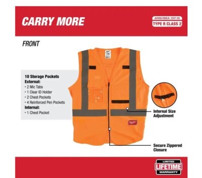 Milwaukee L/XL Orange Class 2 High Visibility Safety Vest w/ 10 Pockets ...