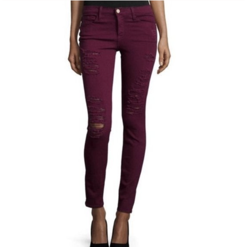 de Jeanne Distressed Maroon Jeans Size 