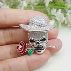 Flower Brooch Pin 14K White Gold Plated 2Ct Round Cut Real Moissanite Skull Rose
