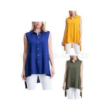 NEW! WOMEN'S FEVER RAYON SLEEVELESS HIGH LOW HEM BUTTON-UP SHIRT BLOUSE! VARIETY