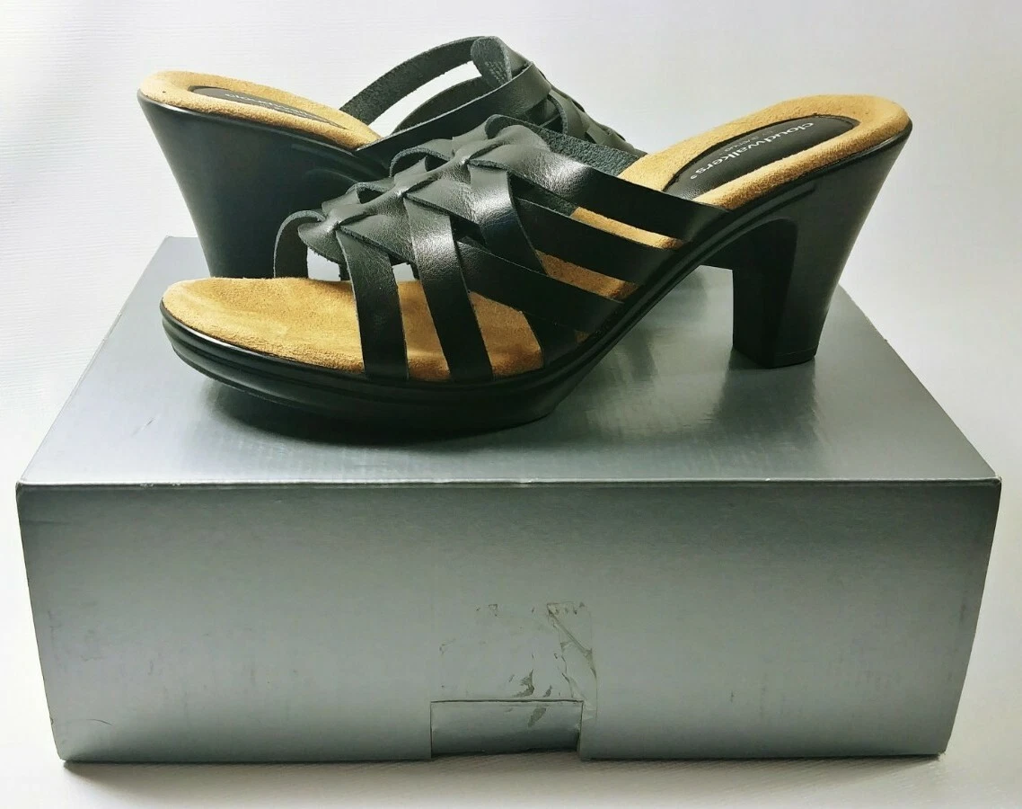 New in Box Cloudwalkers Suri Black Woven Upper Slides Heels Sandal
