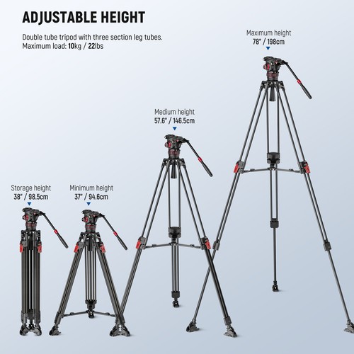 NEEWER LL37 78" Carbon Fiber Tripod, Fluid Head, 22lb Load, QR Plate - Picture 2 of 9