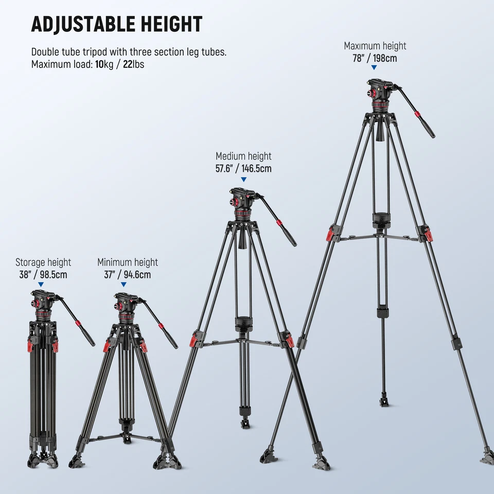 Trípode de fibra de carbono NEEWER LL37 78", cabezal fluido, carga 22 lb, placa QR Foto 2 de 4