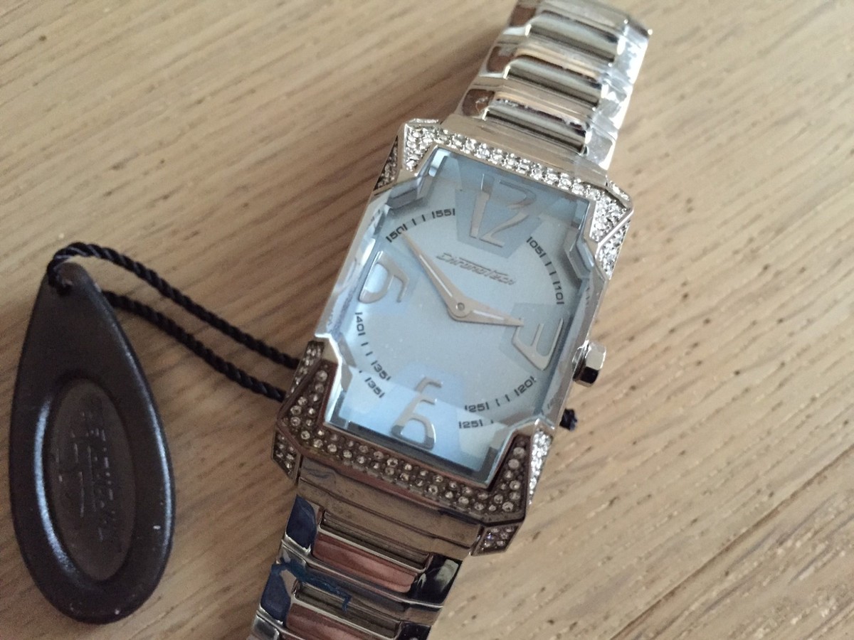 Chronotech analog fat glass watch with rhinestones metal band new