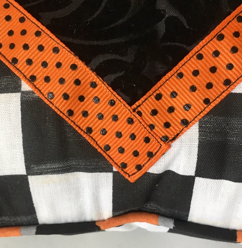 Black Damask Orange Square Diamond Check Pillow Mackenzie Childs Napkin - Image 3 of 4