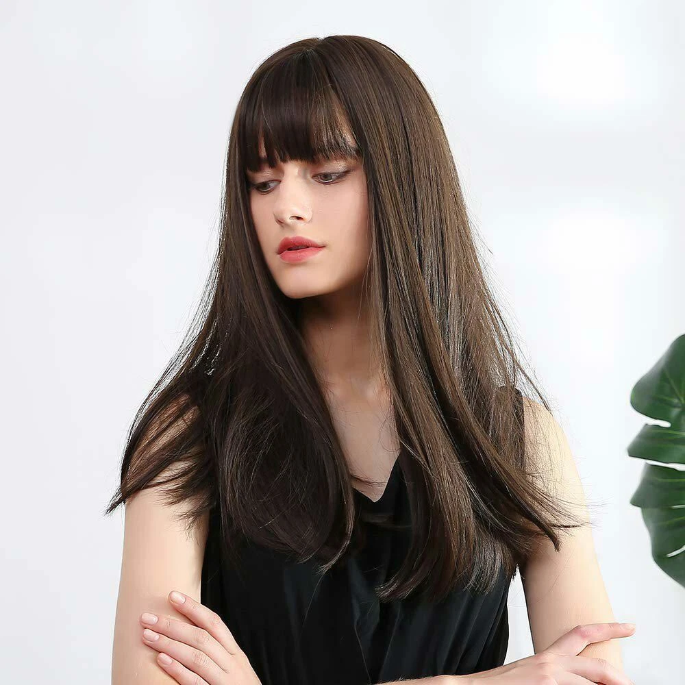 Dark Brown Long Straight Wigs With Bangs Synthetic Wigs Cosplay