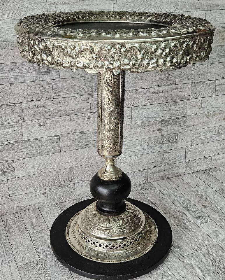 Metal & Wood Side End Table Pedestal Accent Ornate Plant Stand Unique  - Image 2 of 4