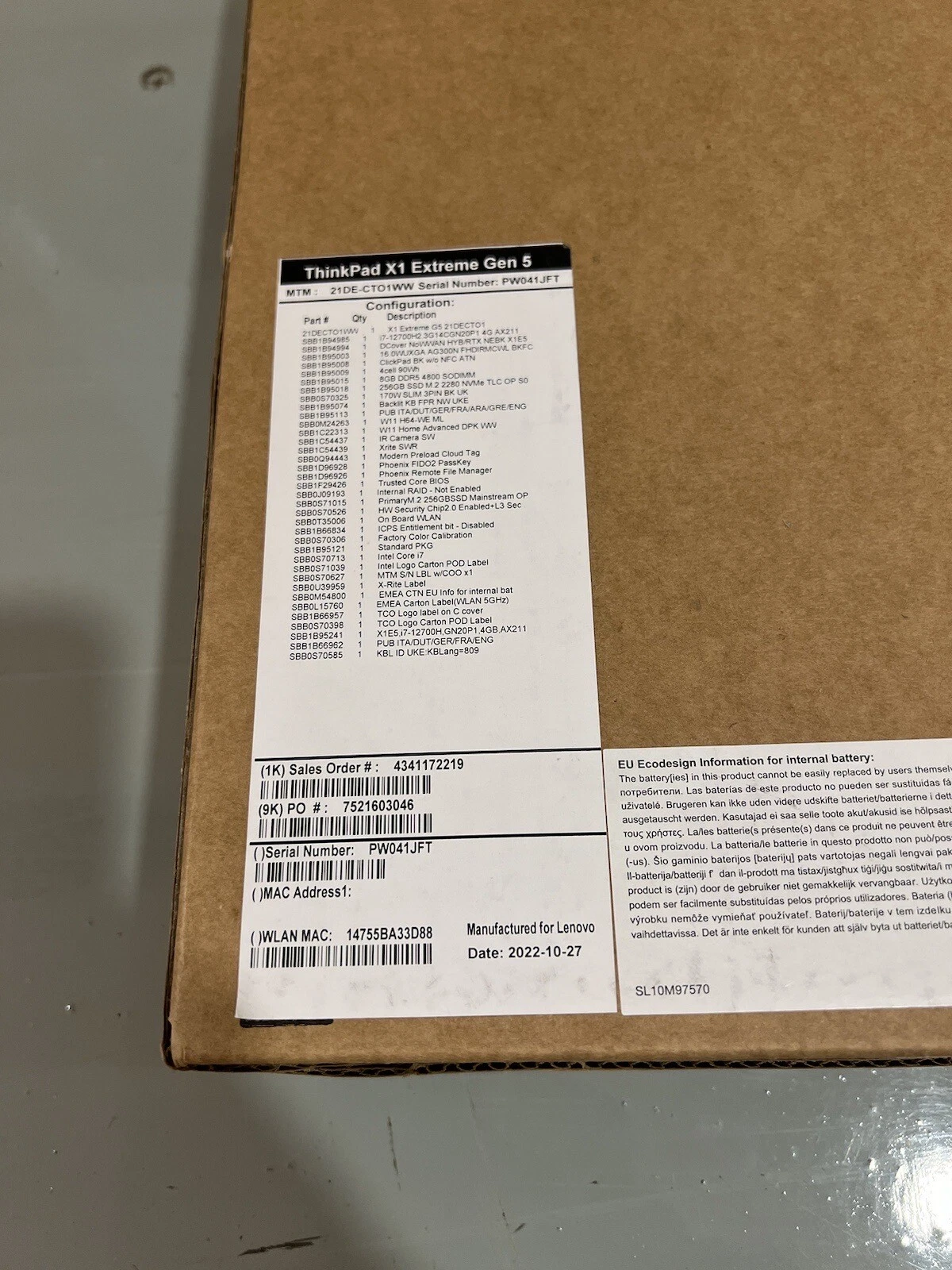 Lenovo ThinkPad X1 Extreme Gen 5 i7-12700H GeForce RTX 3050 8GB RAM 256GB SSD 3