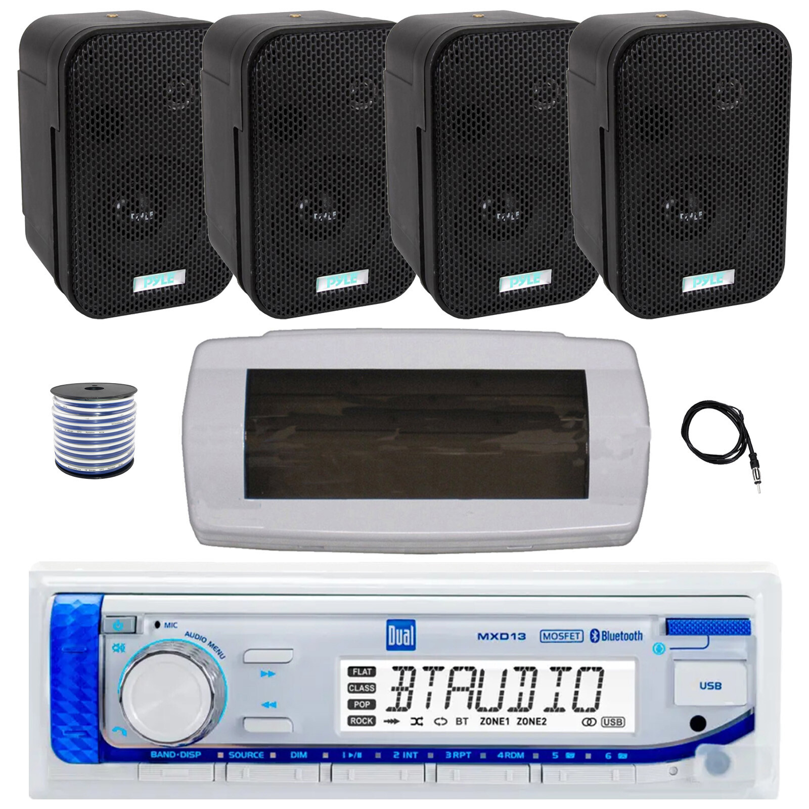 Dual Bluetooth Marine Receiver with Cover, Antenna, Wire & 4x 3.5