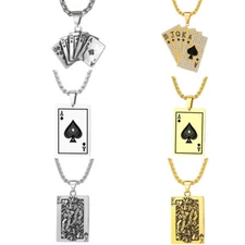 Mens Lucky King Skull Ace Flush Poker Playing Card Pendant Necklace Chain 22"