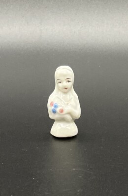 VINTAGE Porcelain Ceramic 1-1/2  Miniature Lady Figure Blue Red White Half Doll
