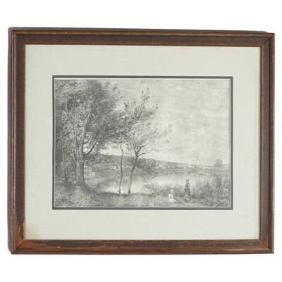 Framed Print, Copy after Corot French Impressionist La Sepia Landscape, 20thC