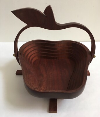 Deep Spring Studio Signed Hand Crafted Collapsible Apple Shaped Wooden Basket 